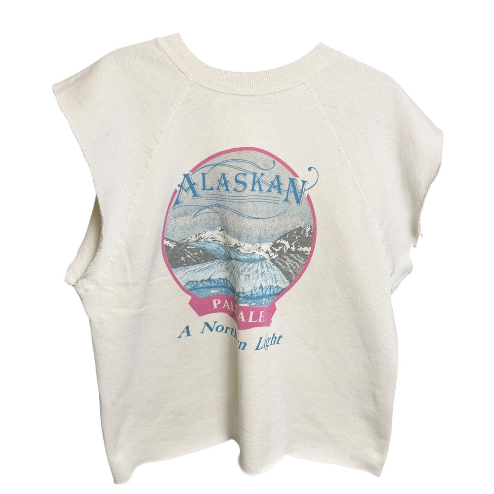 Vintage Alaskan Pale Ale Sweatshirt Unisex L Cream Good Cut Off Raw Edge Graphic